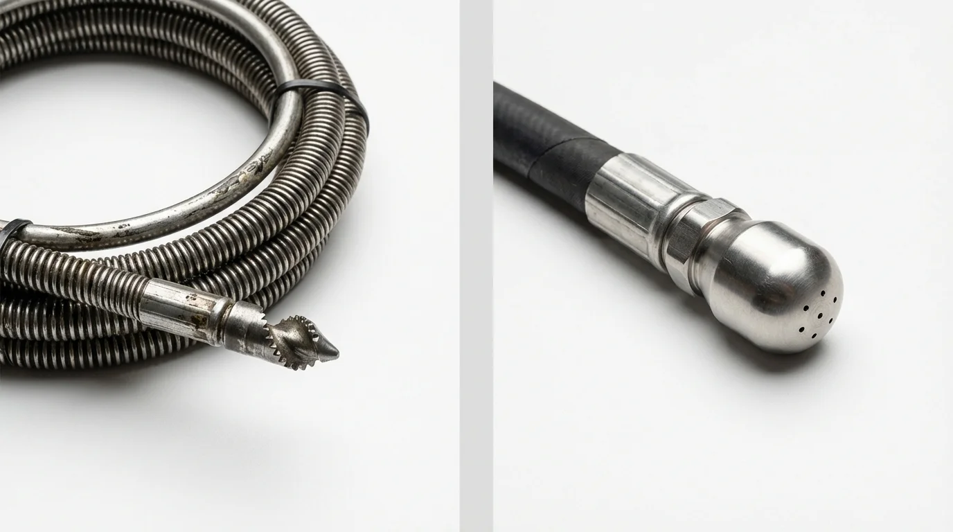Drain snake cable and hydro jetting nozzle used for drain cleaning in Eagle Mountain, UT