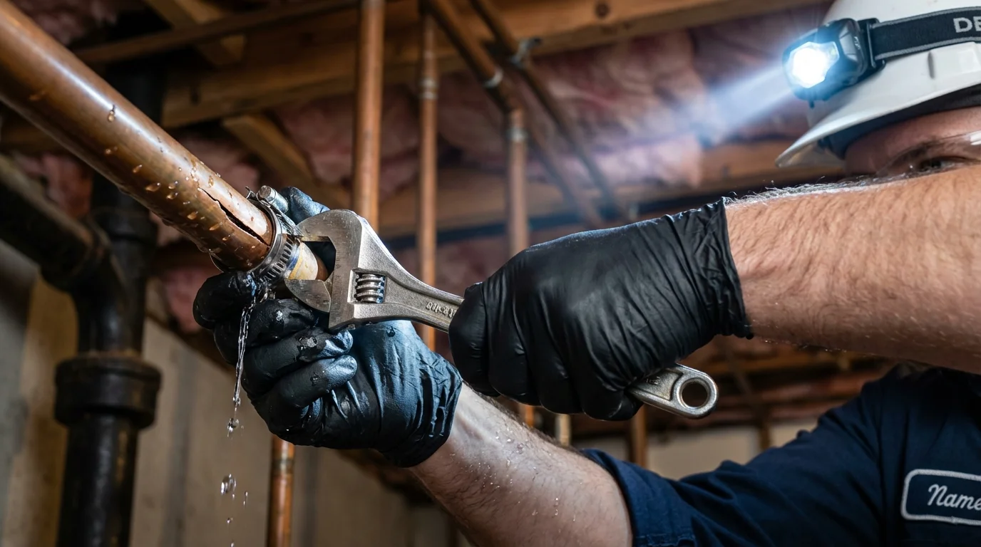 Emergency pipe clamp repair being performed by a Johns Plumbing LLC plumber in Eagle Mountain