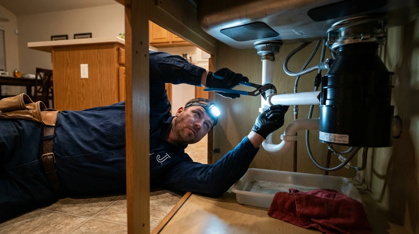 P-trap and supply line connections under a kitchen sink showing a common leak point in Eagle Mountain, UT
